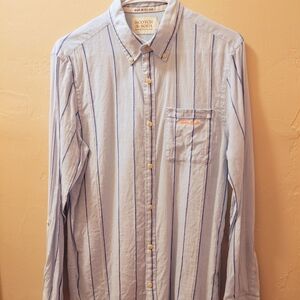 Scotch & Soda Button Up Shirt Linen Blend Regular Blue Striped S Small